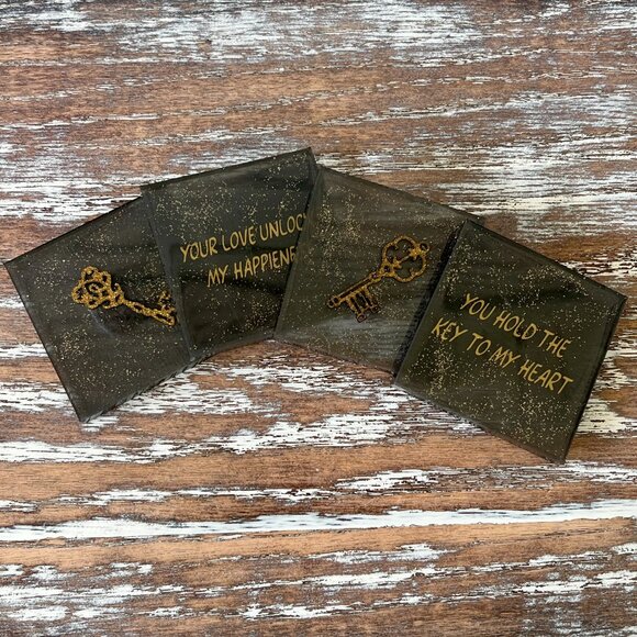You Hold the Key to My Heart Glitter Resin Drink Coasters Set of 4 House Gift - Picture 2 of 5